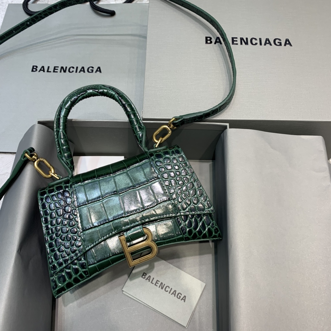 Balenciaga Hourglass XS Handbag Crocodile Embossed Shoulder Bag Dark Green